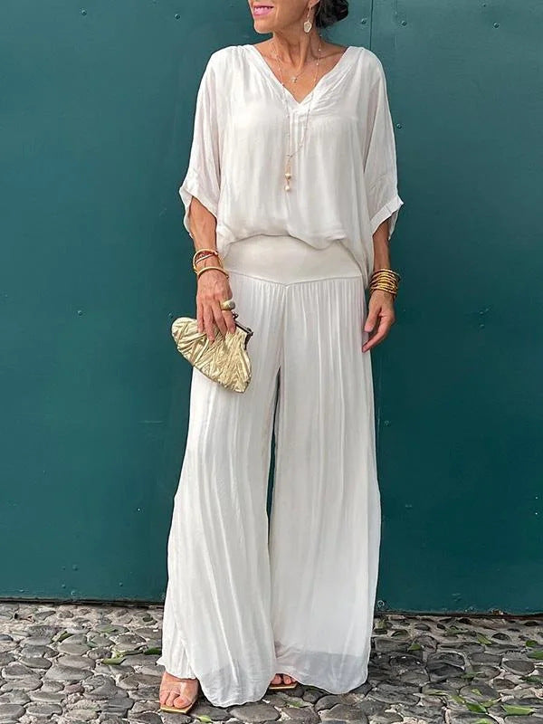 Solid Color Chiffon Two-Piece Set with V-Neck Top and Trousers - Image 15