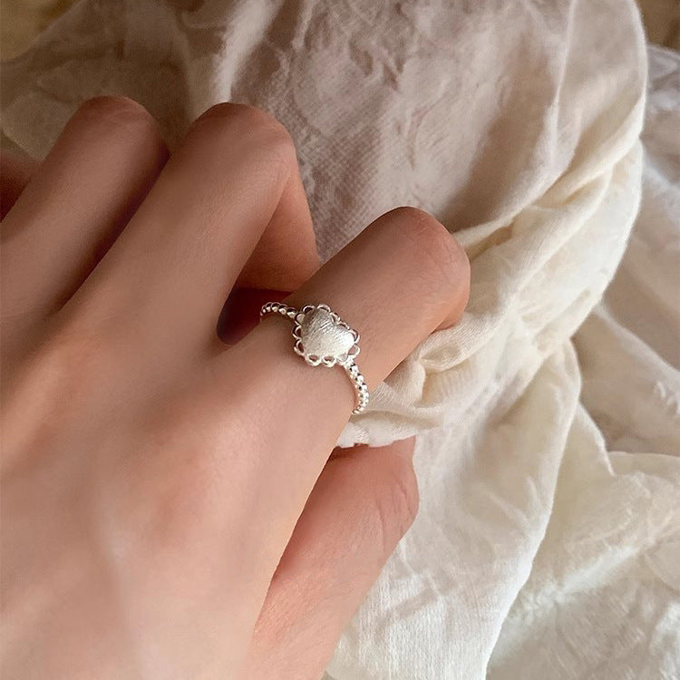S925 Sterling Silver Brushed Love Heart Ring For Women, INS Korean Sweet Style, Versatile Niche Lace Edge Open Ring