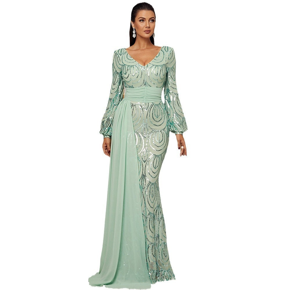 Sequined V-Neck Long Sleeve Evening Dress in Mint Green