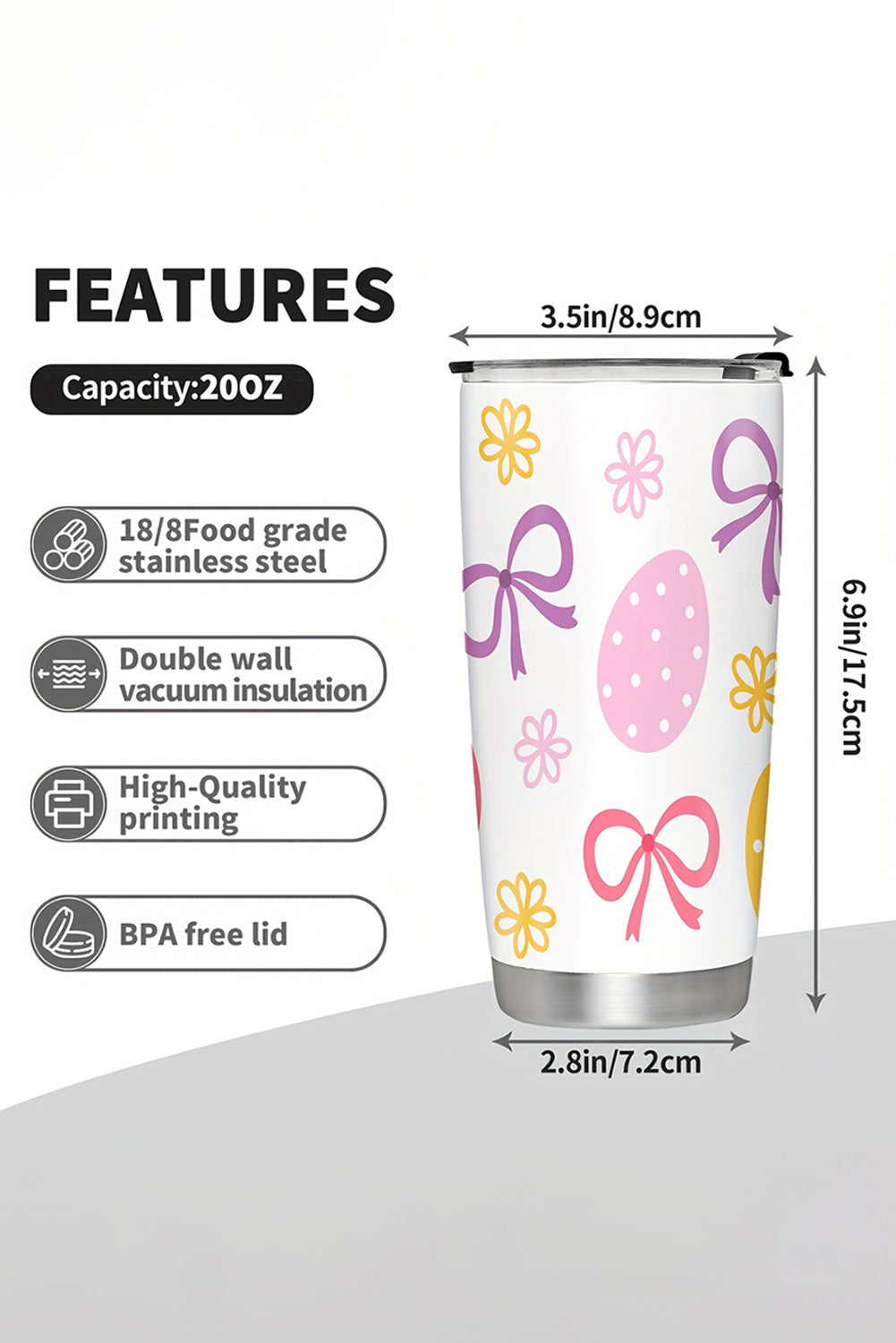 White Easter Egg Bow Flower Printed Insulated Stainless Steel Thermal Cup