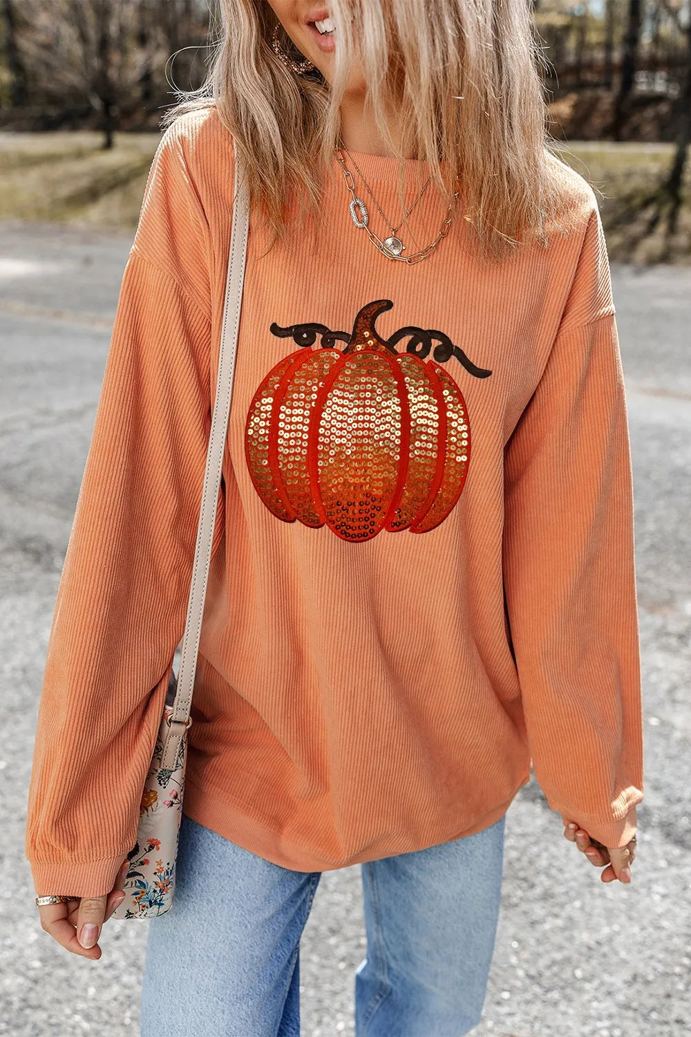 Women's Sequin Pumpkin Round Neck Long Sleeve Ribbed Sweatshirt