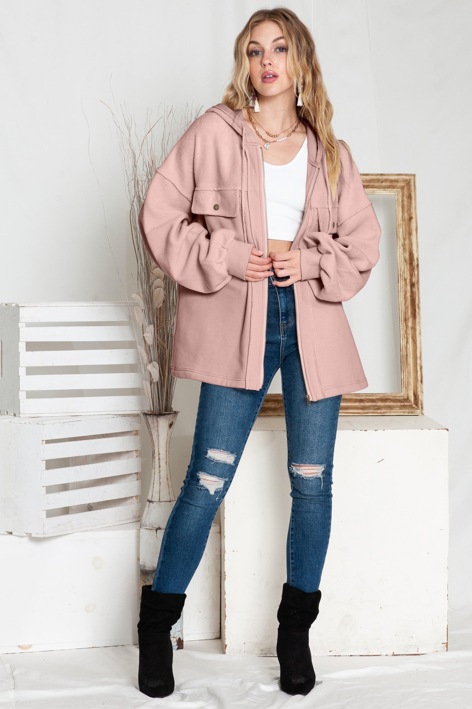 Green Flap Pockets Bishop Sleeve Zip Up Hoodie Jacket