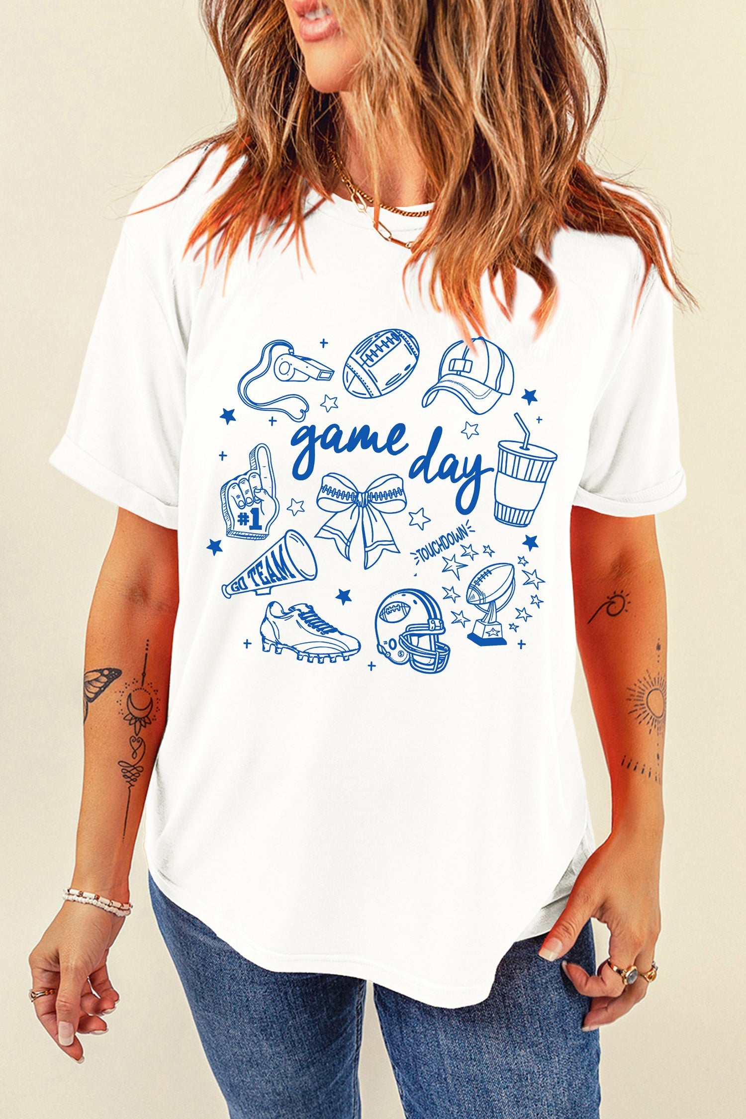 White Game Day Doodle Printed Graphic T-Shirt