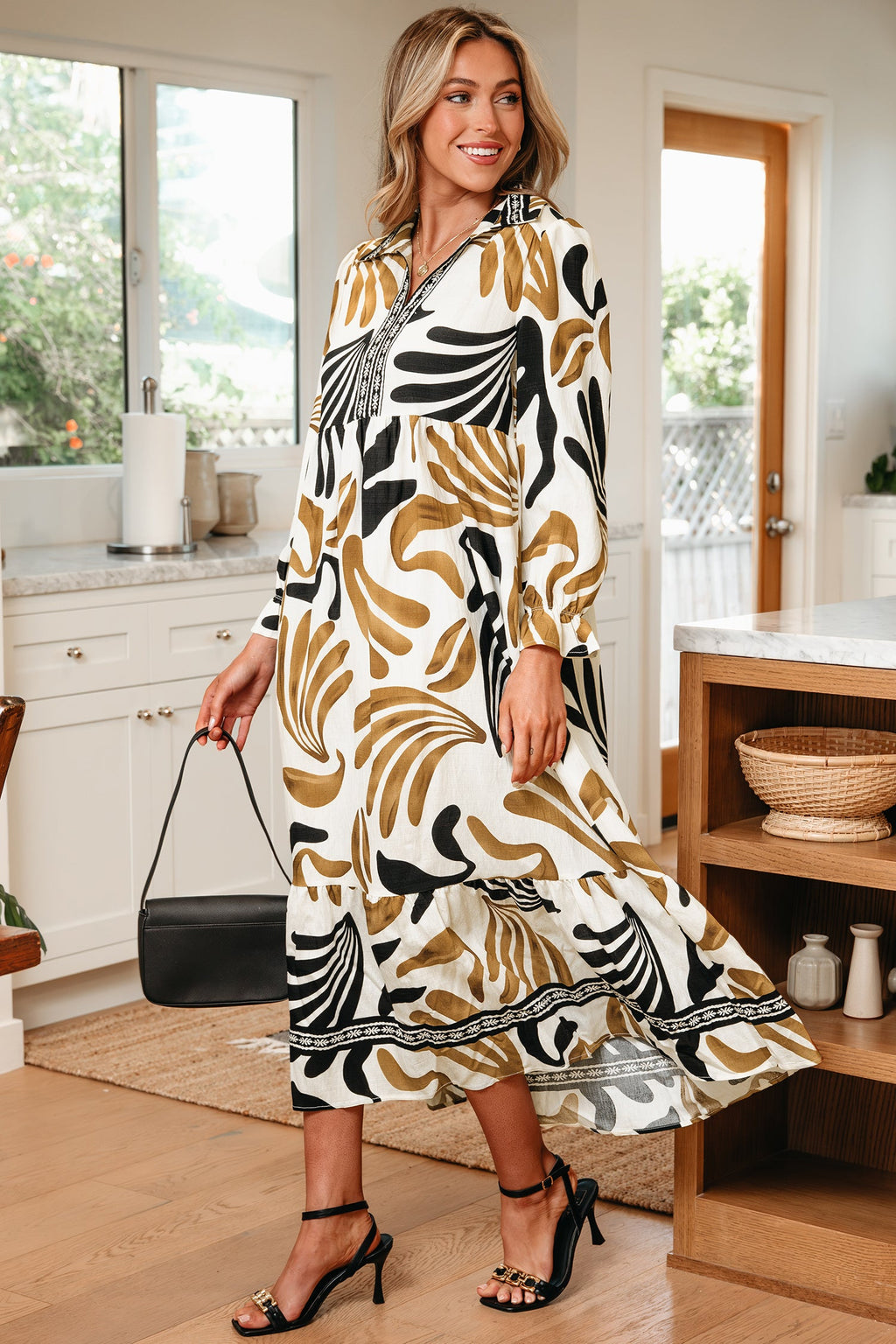 Zaylee Long Sleeve Ruffle Hem Dress in Earth Hue Floral