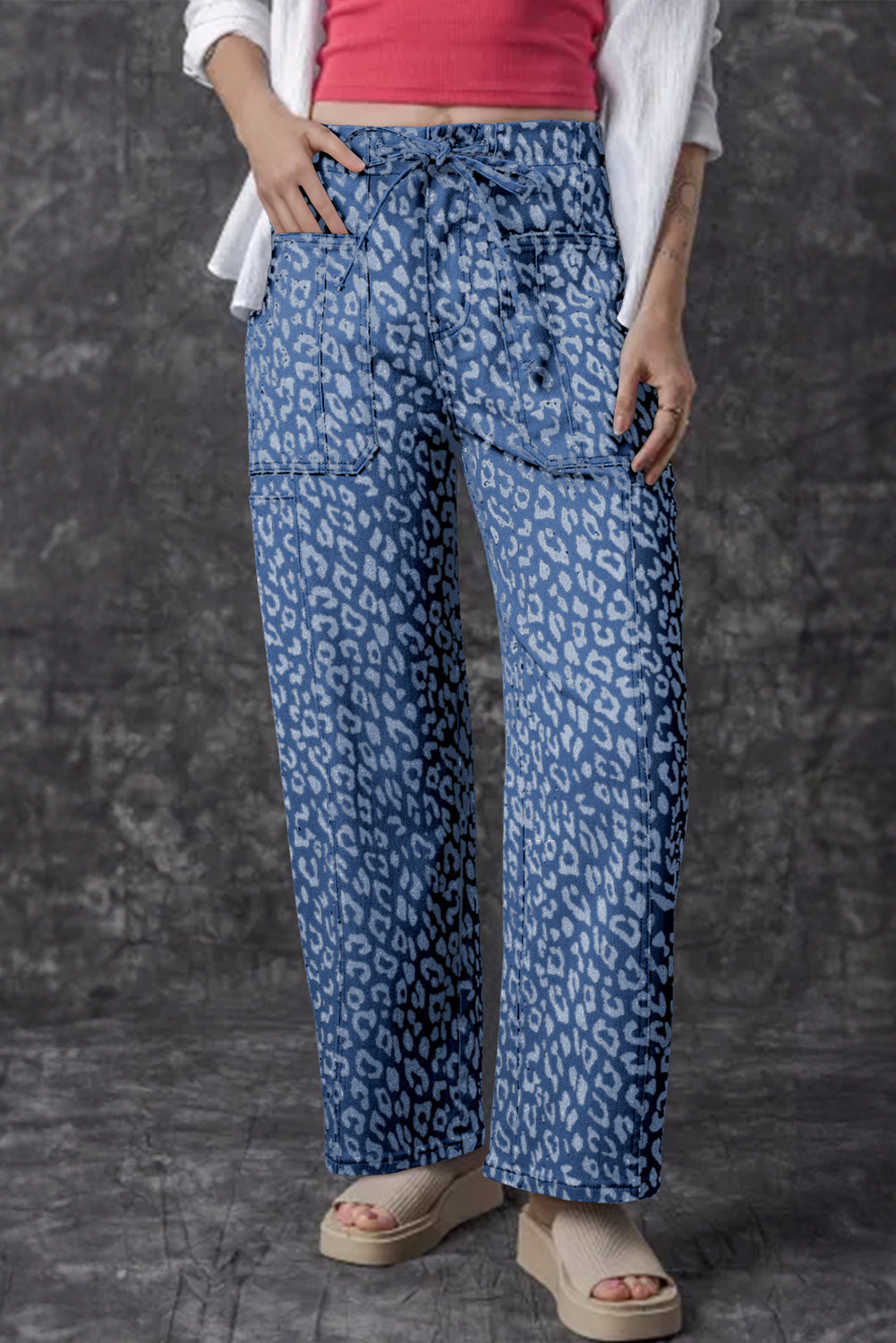 Blue Leopard Print Drawstring Waist Pocketed Wide Leg Jeans