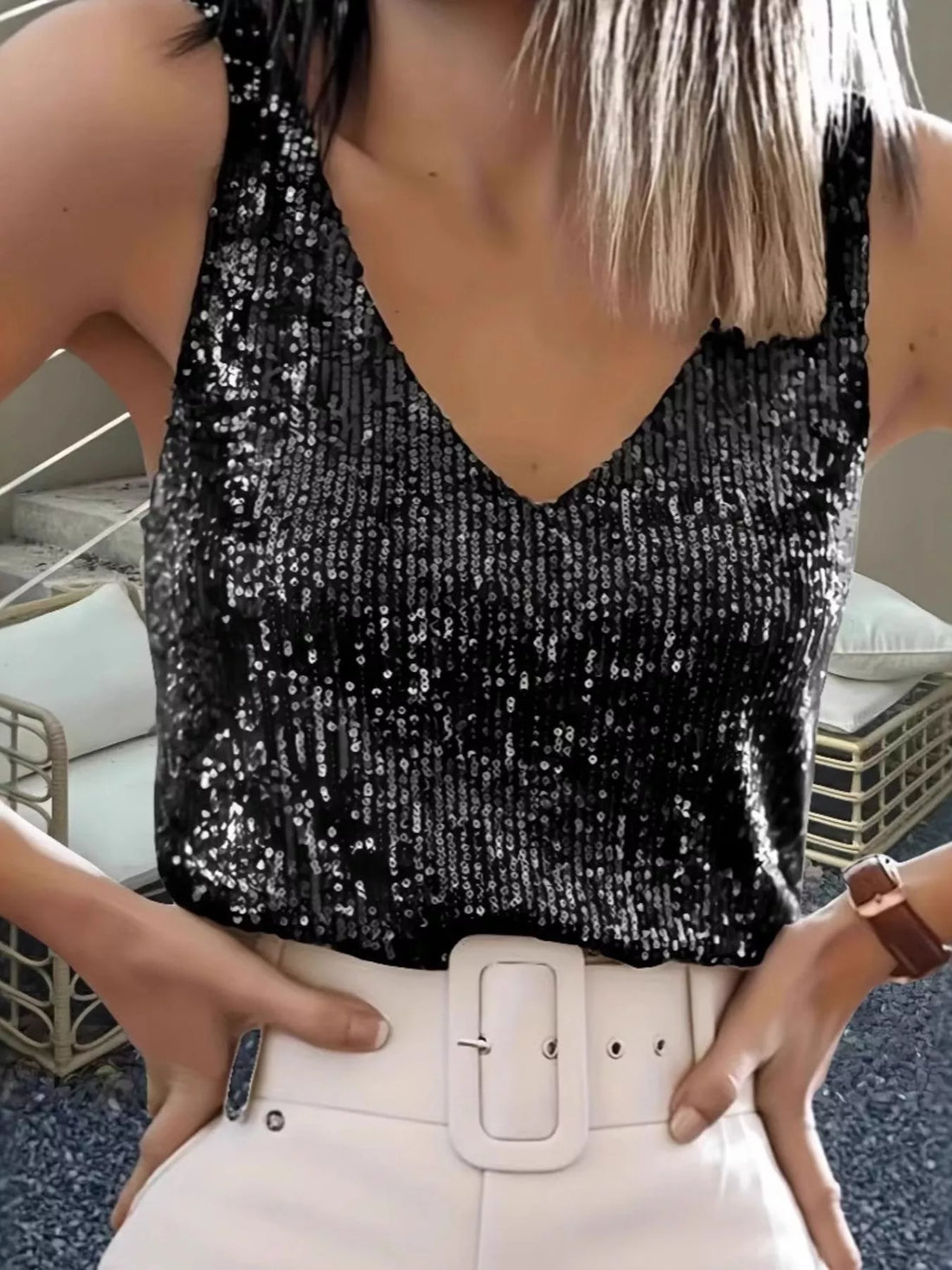 Women's Sequin V-Neck Tank Top Sleeveless Party Camisole