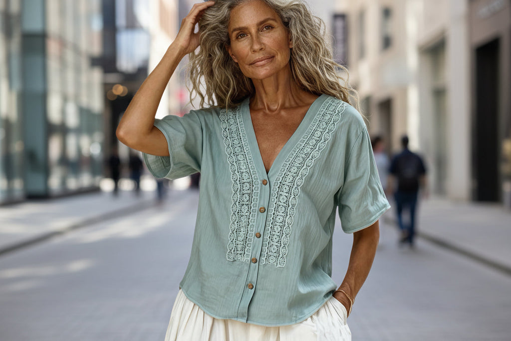 Women's Embroidered Faux Linen Button-Up Top in Multiple Colors - Image 2