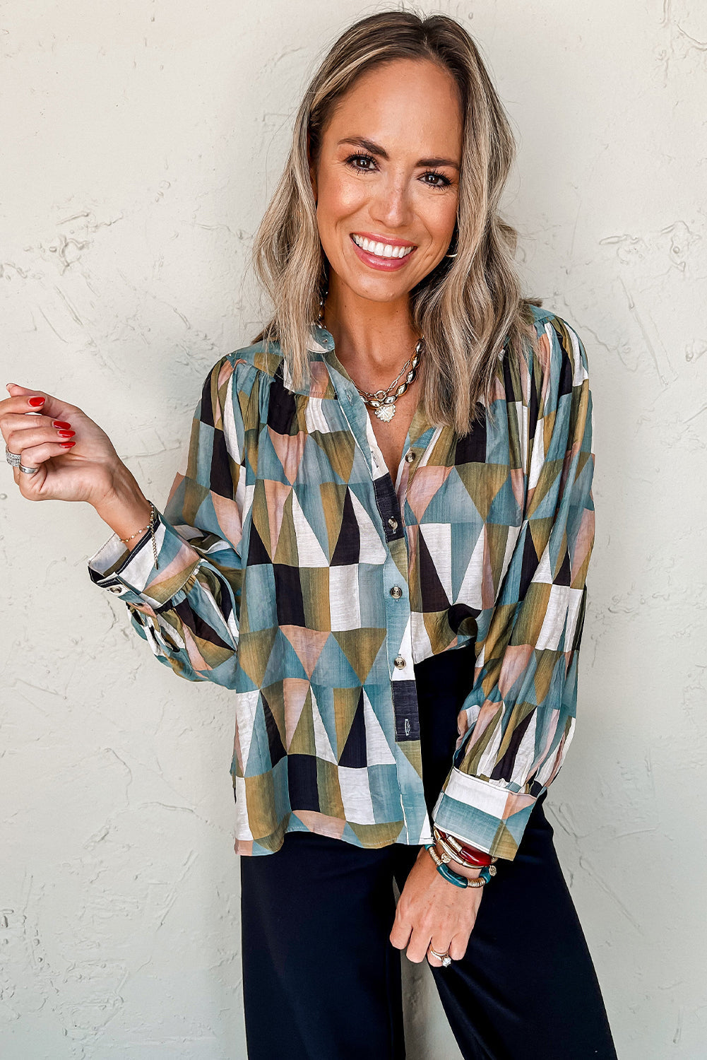 Green Geometric Print Balloon Sleeve Shirt | Loose Fit