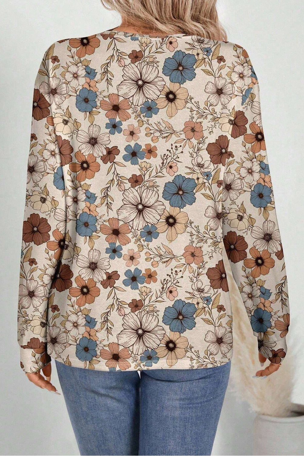 Khaki Floral Print Loose Crew Neck Long Sleeve T-Shirt