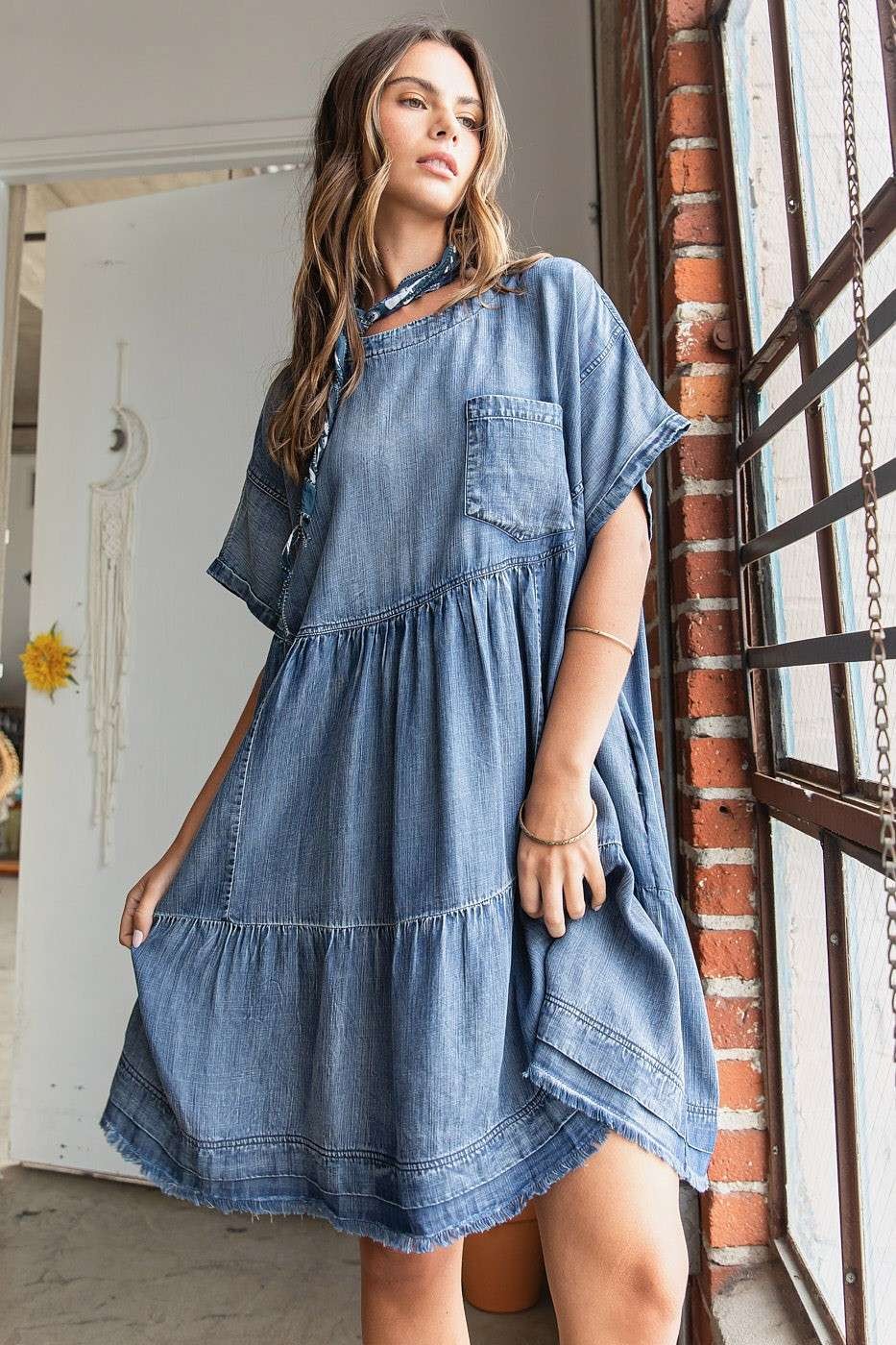 Oversized Denim Mini Dress: Relaxed Bohemian Shift Dress in Blue