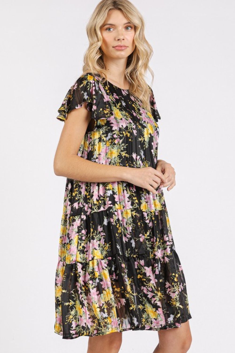 Floral Print Flutter Sleeve Tiered Chiffon Dress