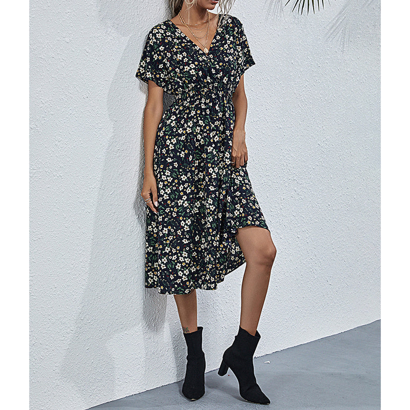 Boho Floral Print V-Neck Mini Dress with Smocked Waist