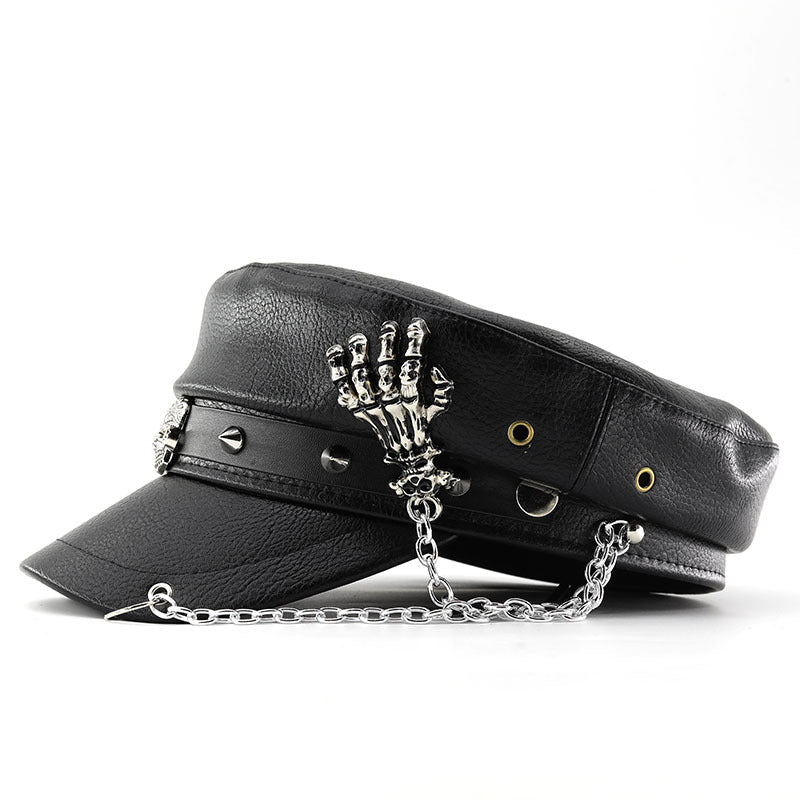 PU Leather Punk Peaked Cap with Chain & Stud Detail – Gothic Halloween Party Hat | 4 Designs: Cross, Leopard, Skull Claws & Spider
