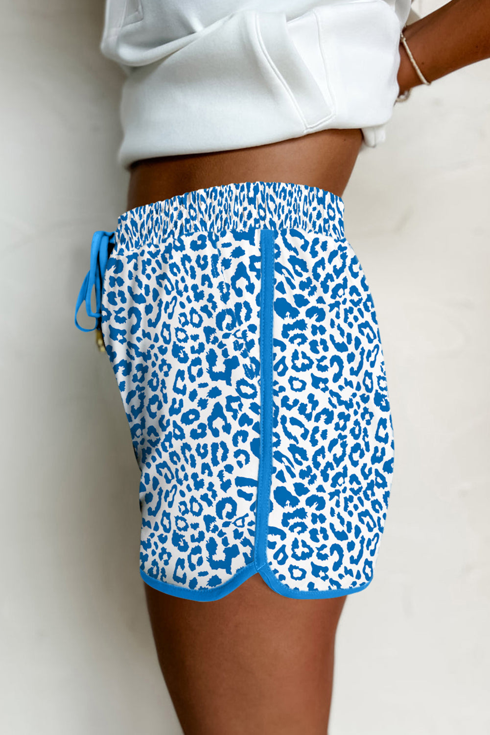 Blue Leopard Elastic Waistband Lace-Up Shorts