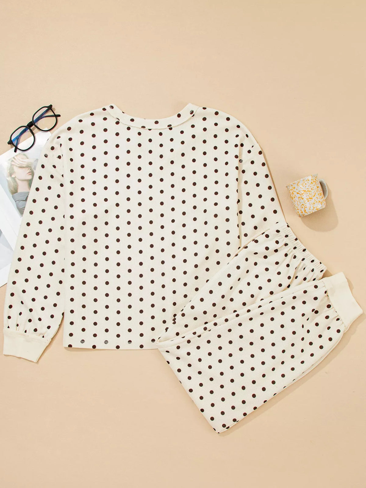 Polka Dot Notched Long Sleeve Top and Drawstring Joggers Lounge Set