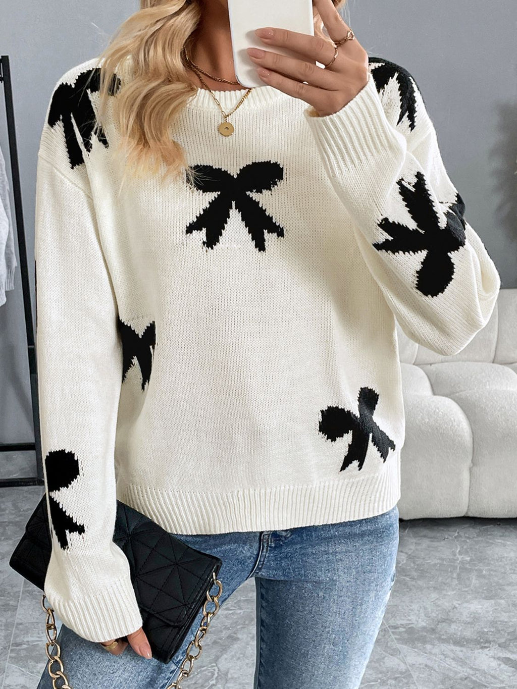 Women White Long Sleeve Sweater with Black Bow Graphic Print