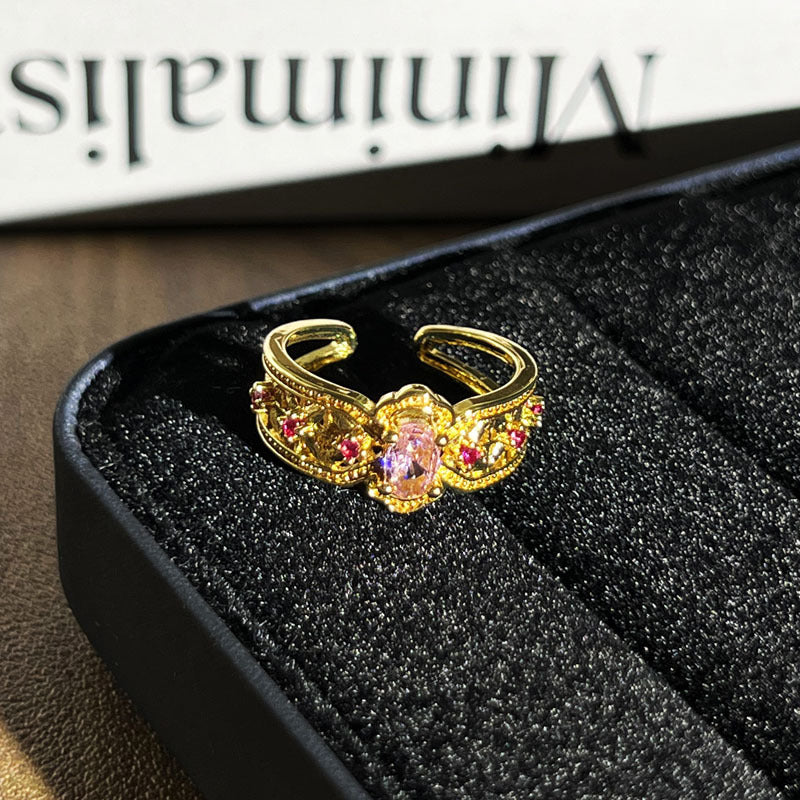 Vintage Gold Plated Geometric Open Ring with Rhinestone Accents