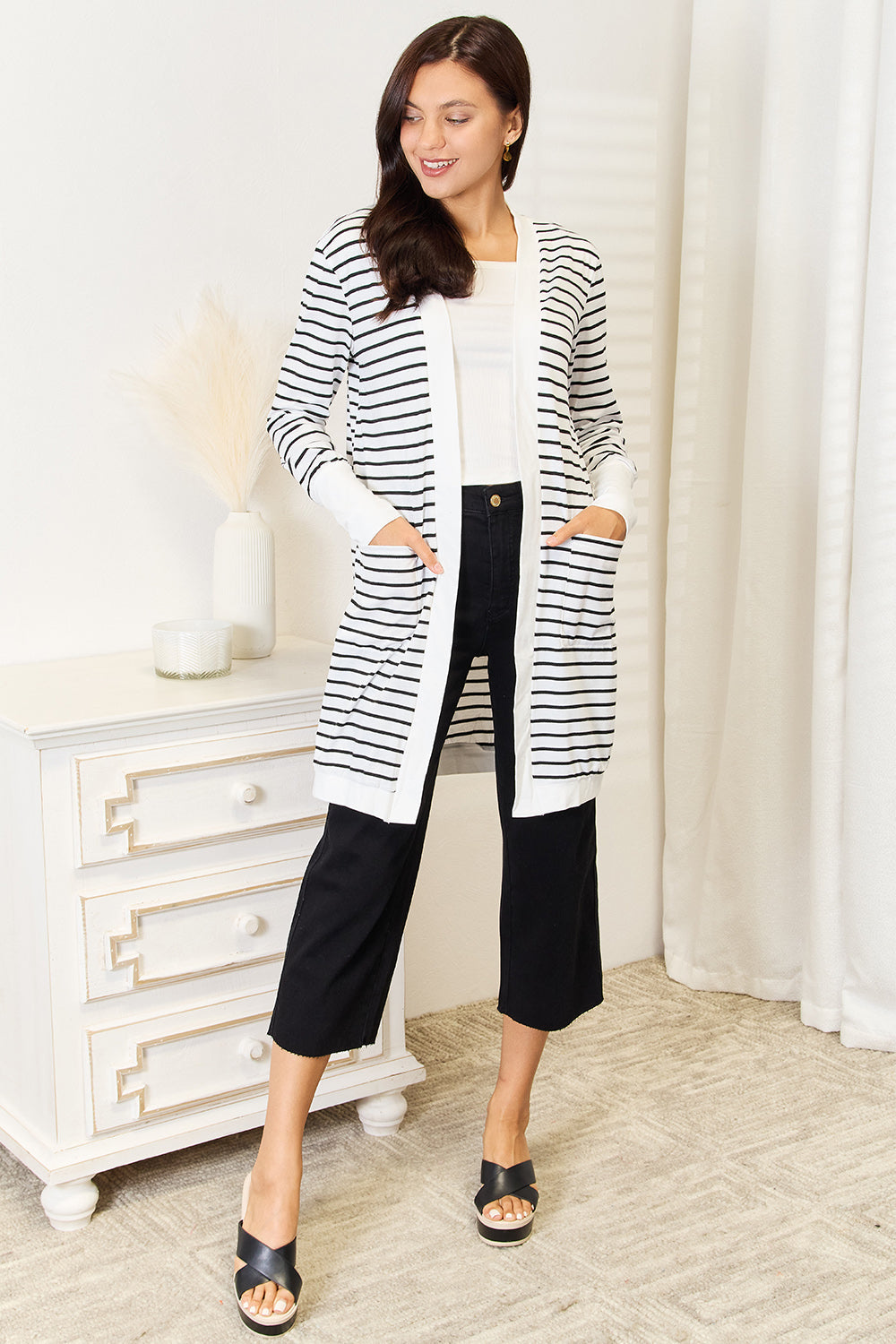 Striped Open Front Longline Cardigan with Pockets