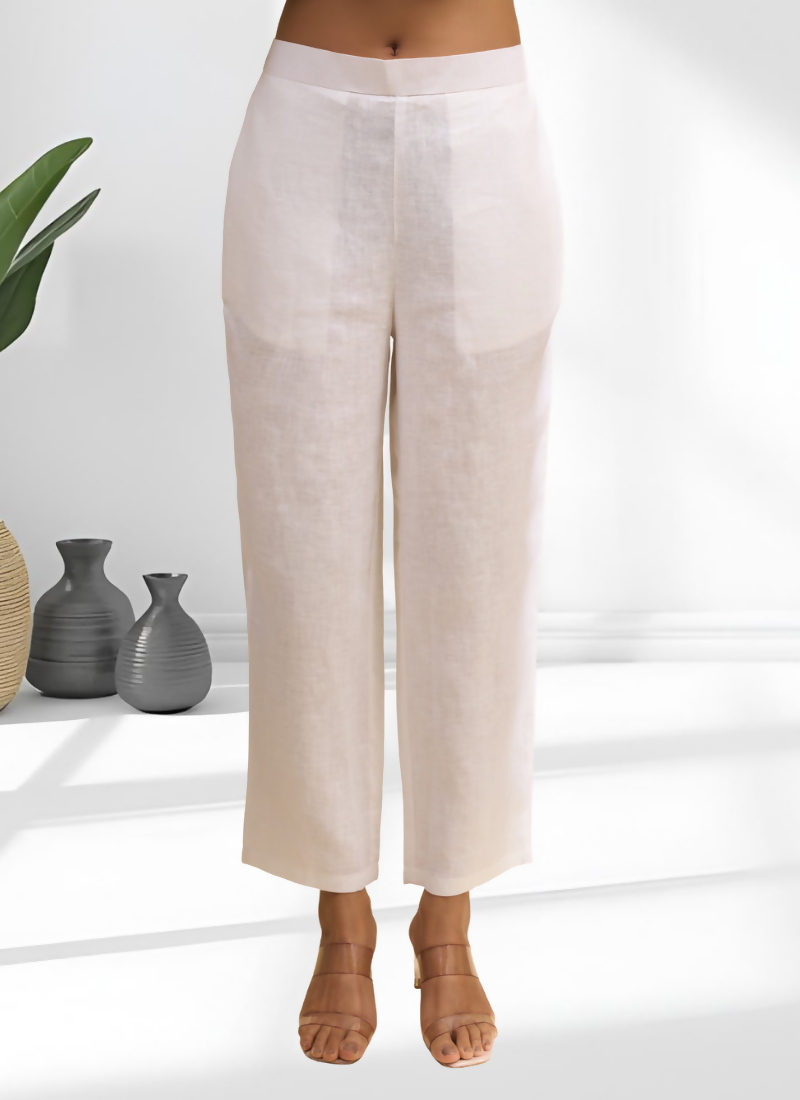 Off White Linen Embroidered Cord Set with Split V-Neck