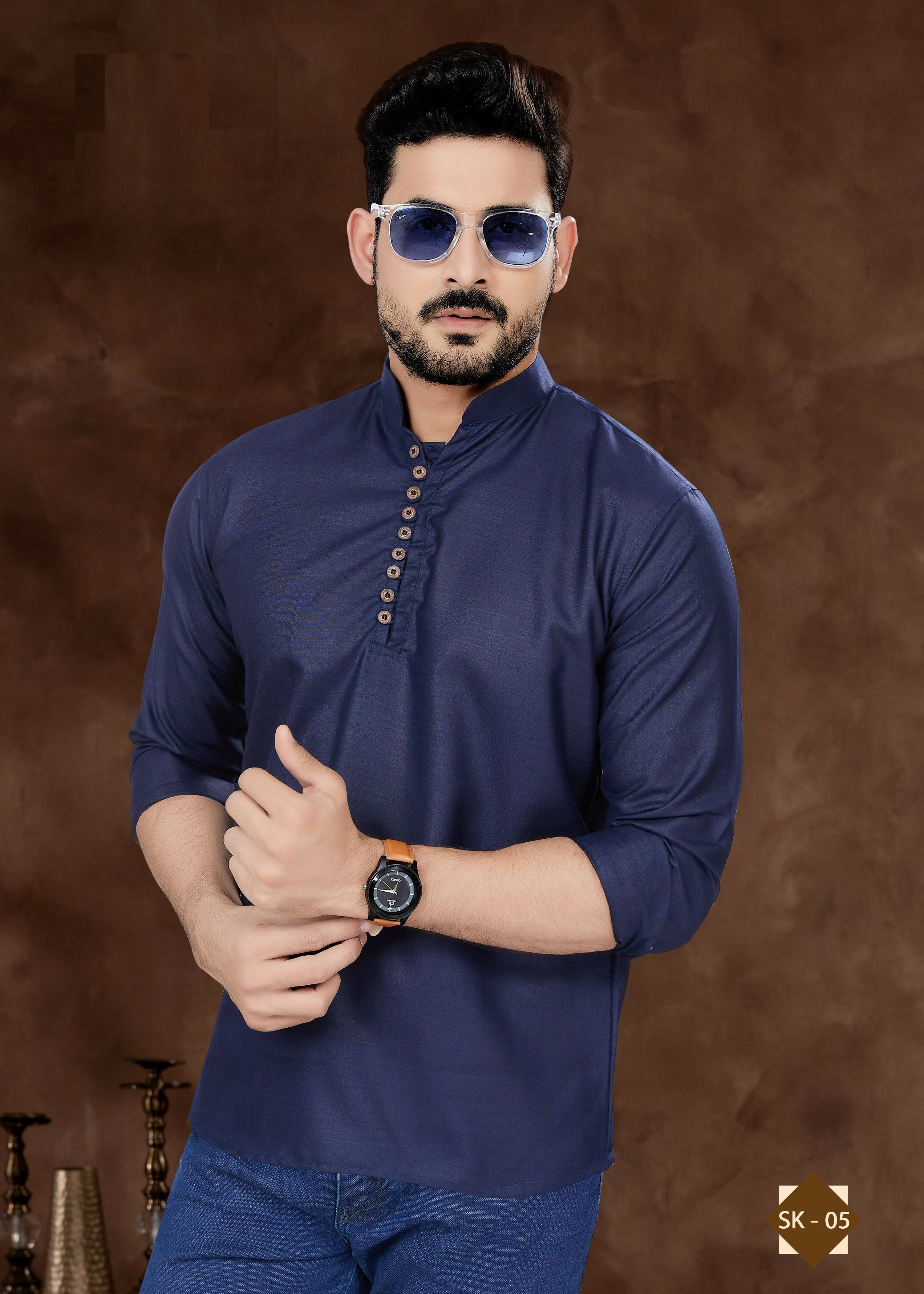Men's Navy Blue Plain Short Kurta in Pure Cotton - Comfortable Fit