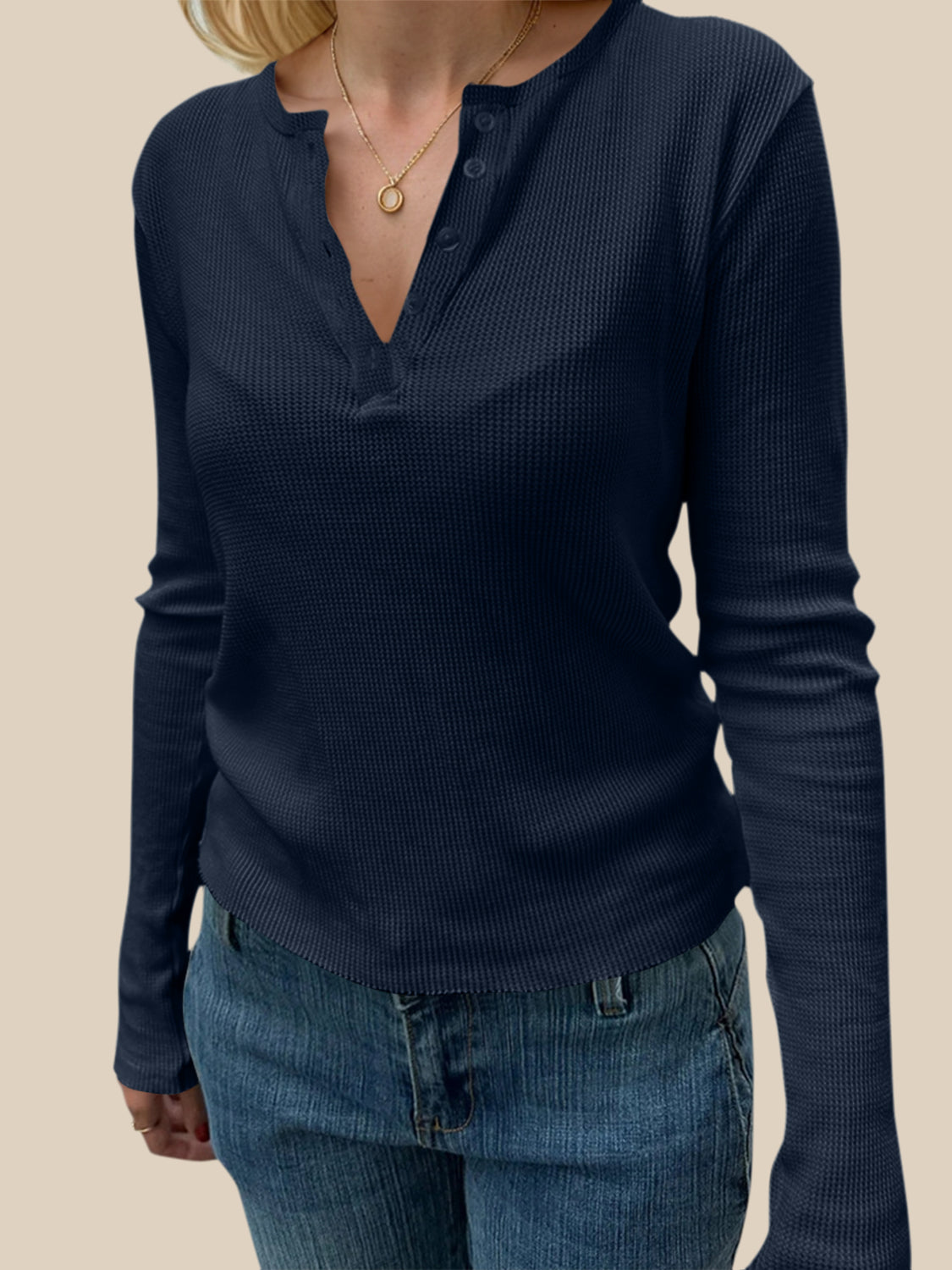 White Waffle Knit Long Sleeve Button Up Henley T-Shirt - Image 4