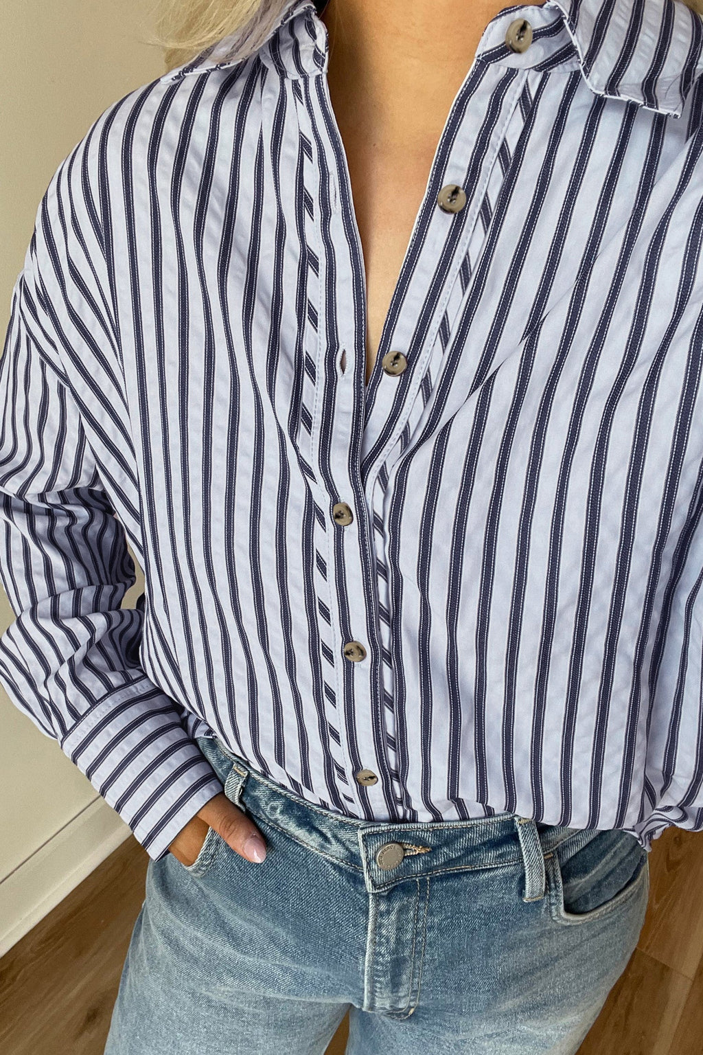Blue Stripe Button Down Long Sleeve Loose Shirt