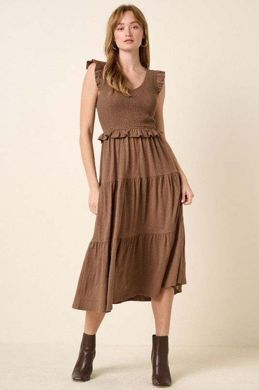Brown smocked ruffled tiered midi dress with boho-chic aesthetic