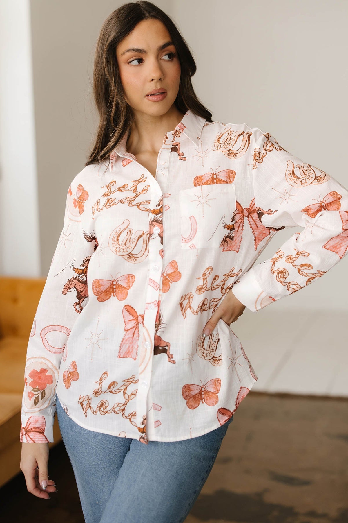 Western Rodeo Cowgirl Buttoned Long Sleeve Shirt