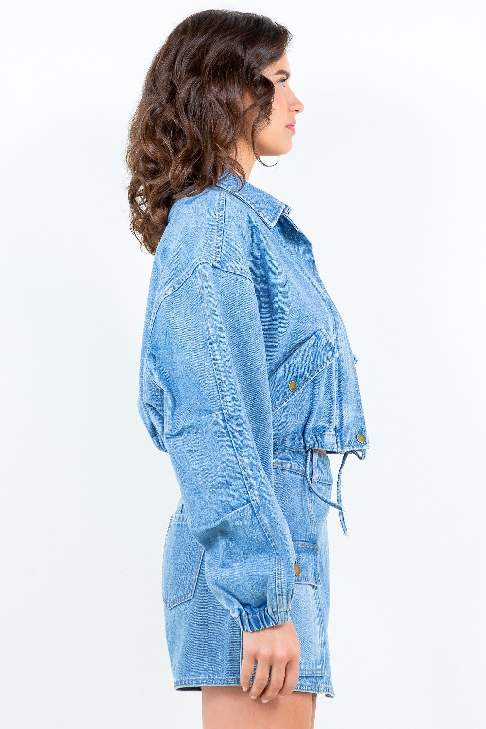 Girls Adjustable Drawstring Waist Crop Trucker Denim Jacket