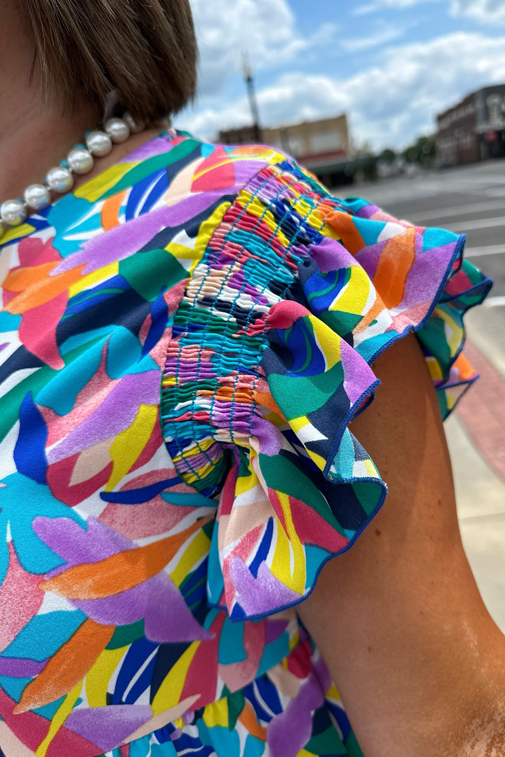 Blue Abstract Print Ruffle Sleeve Tiered Maxi Dress