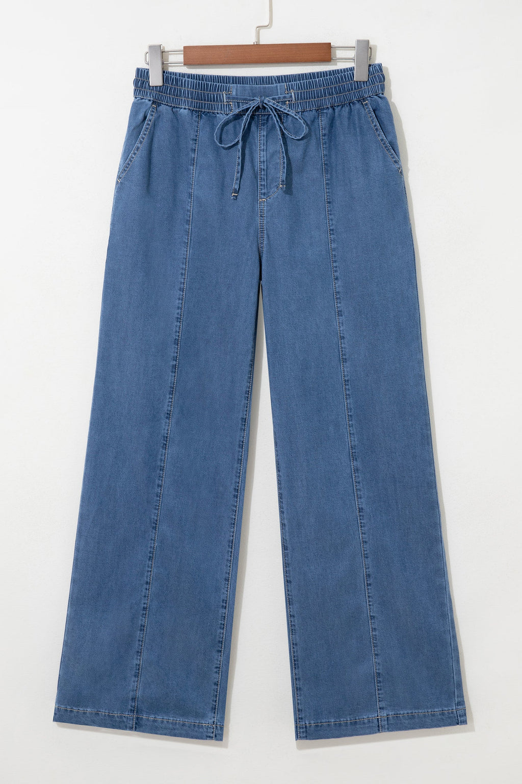 Solid Exposed Seam Drawstring Waist Wide Leg Jeans
