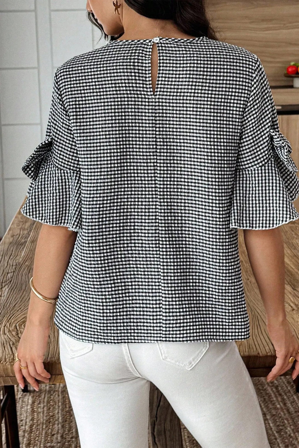 Carolina Ruffled Half Sleeve Blouse with Bow Detail and Plaid