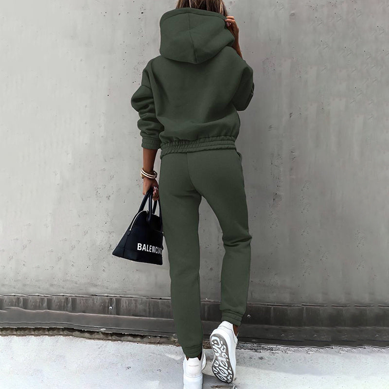 Women's Solid Color Hooded Sweatshirt and Slim Jogger Set - Image 4