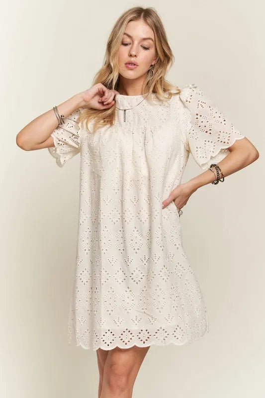 Ruffled Eyelet Round Neck Summer Dress for Garden Parties