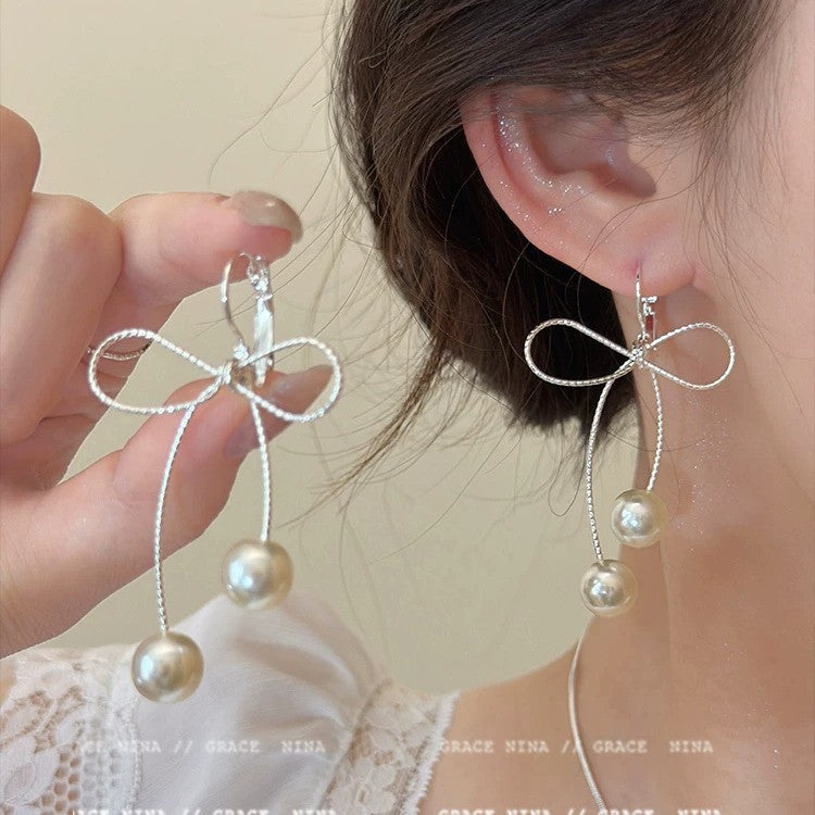 Women Bow Pearl Tassel Stud Earrings,Fashion Costume Accessories For Daily Party Occasion