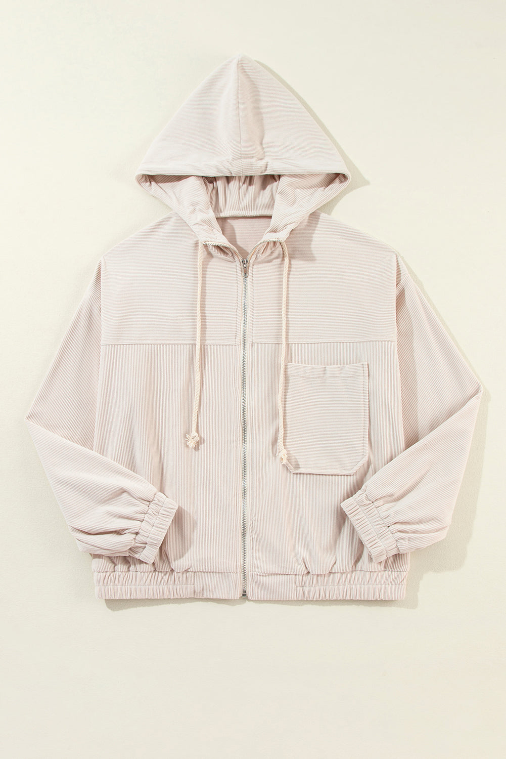 Women's Cream Corduroy Zip-Up Hooded Jacket with Pockets
