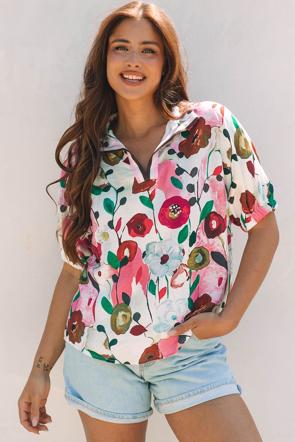 Floral V-Neck Short Sleeve Blouse with Relaxed Fit