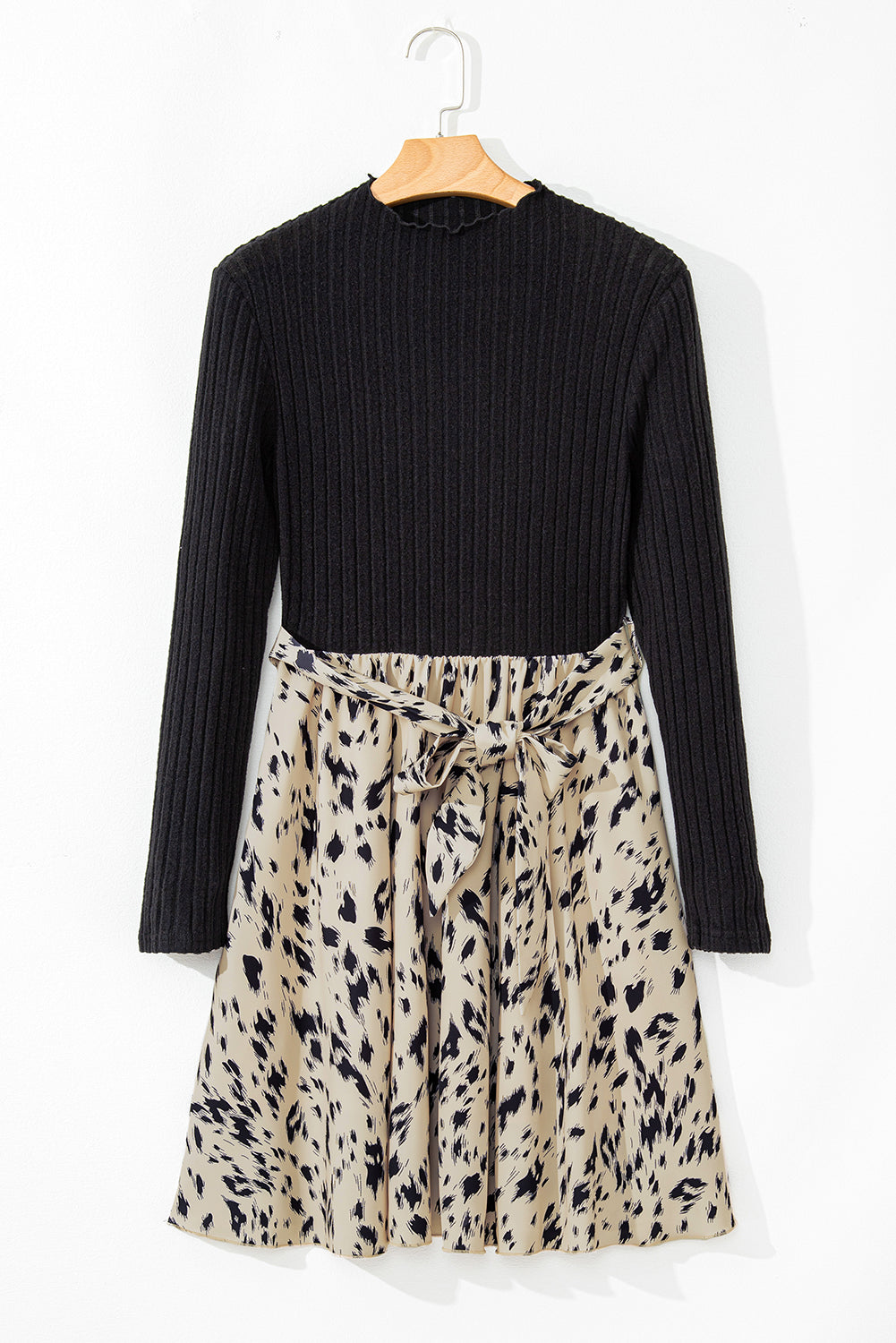 Leopard Patchwork Ribbed Knit Belted Dress