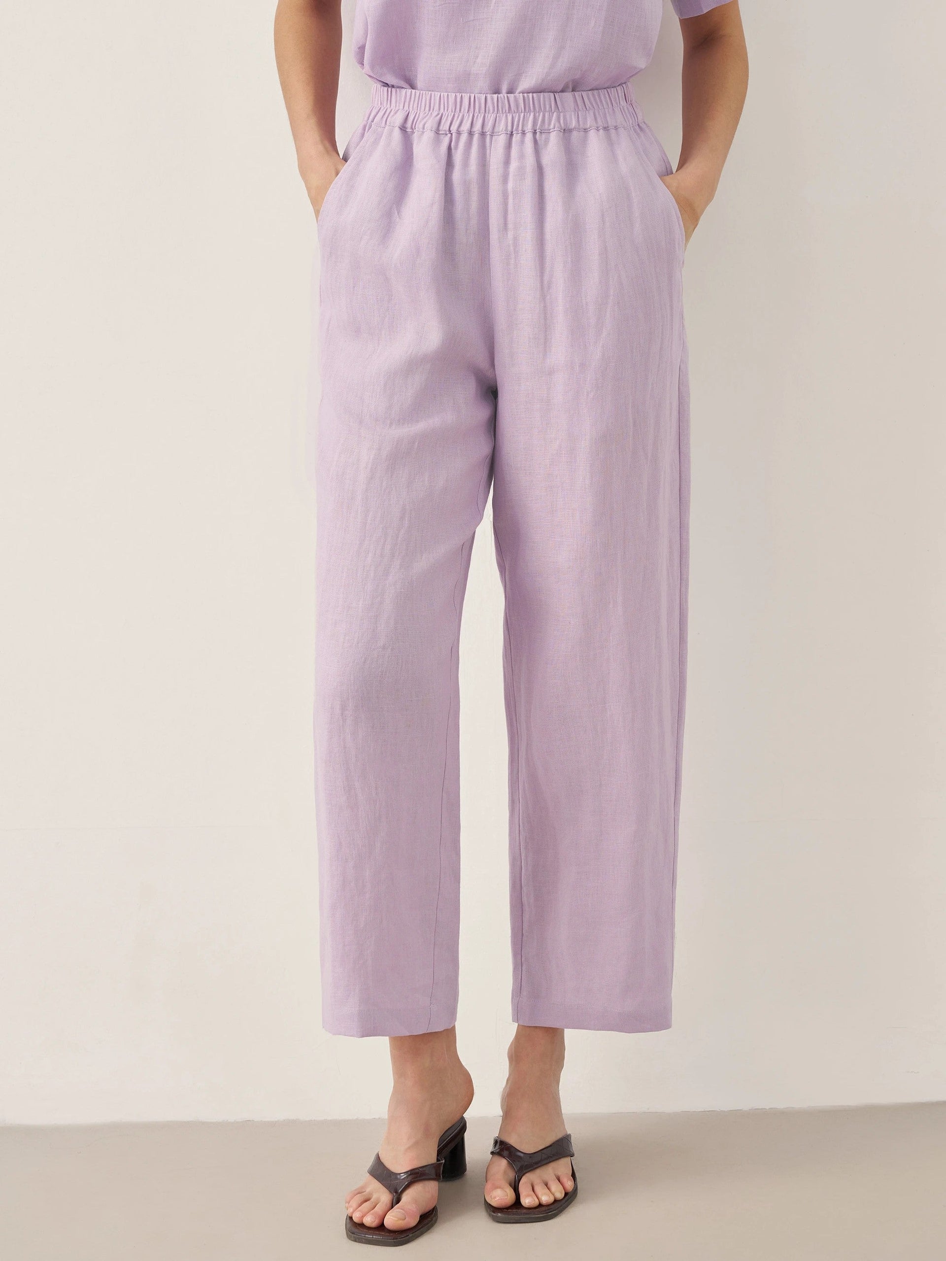 100% Linen Short-Sleeve Round Neck Button Detail Top & Pants Set SASHA