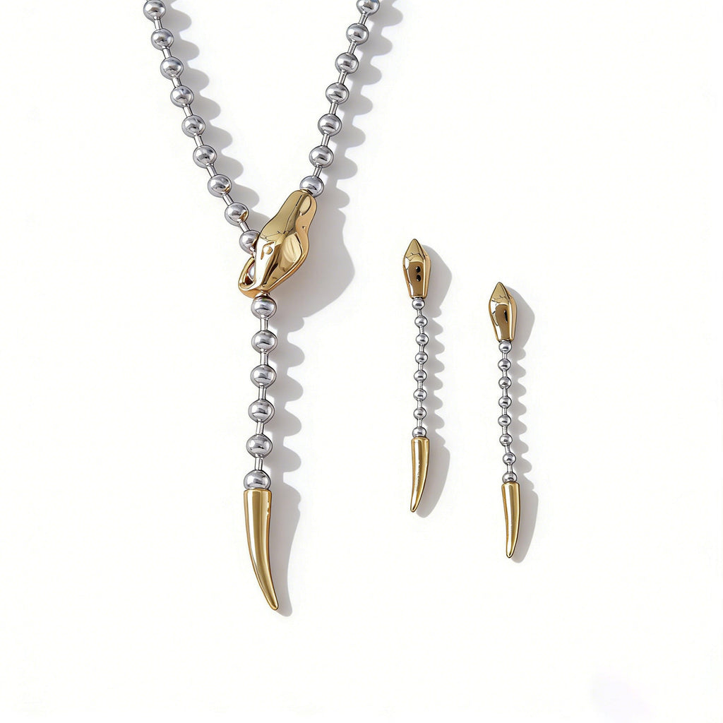 Polished stainless steel snake design Y necklace with matching stud earrings