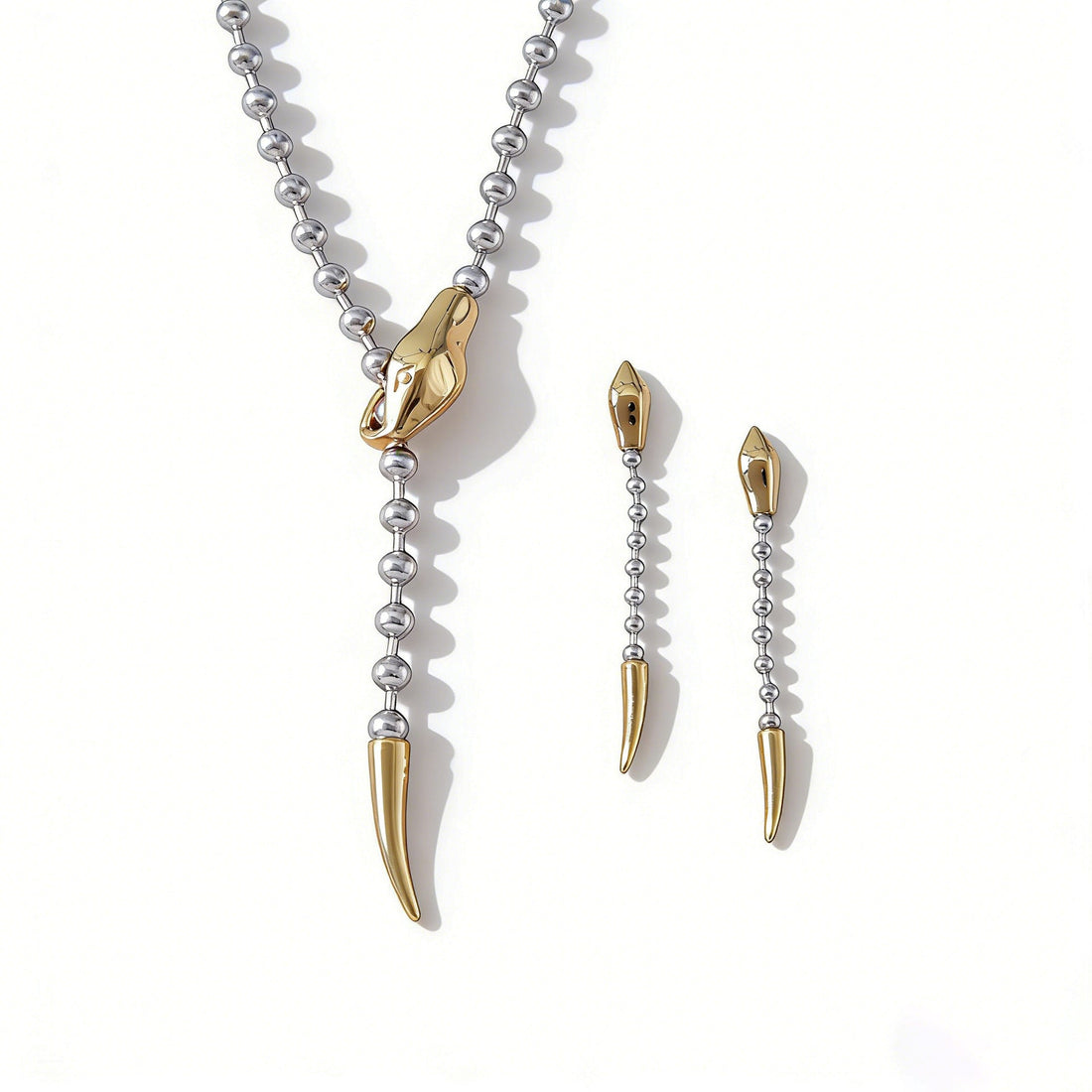 Polished stainless steel snake design Y necklace with matching stud earrings