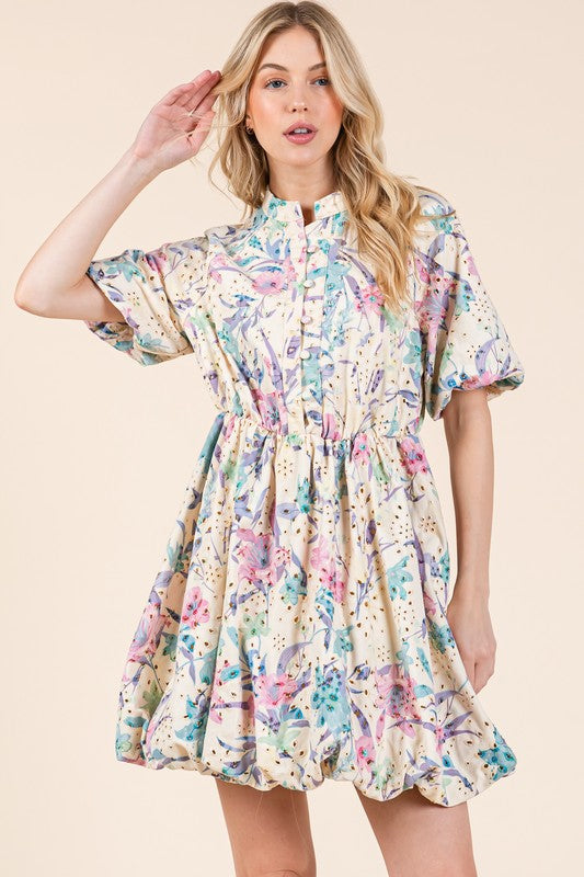 Floral eyelet lace mini shirt dress with puff sleeves.
