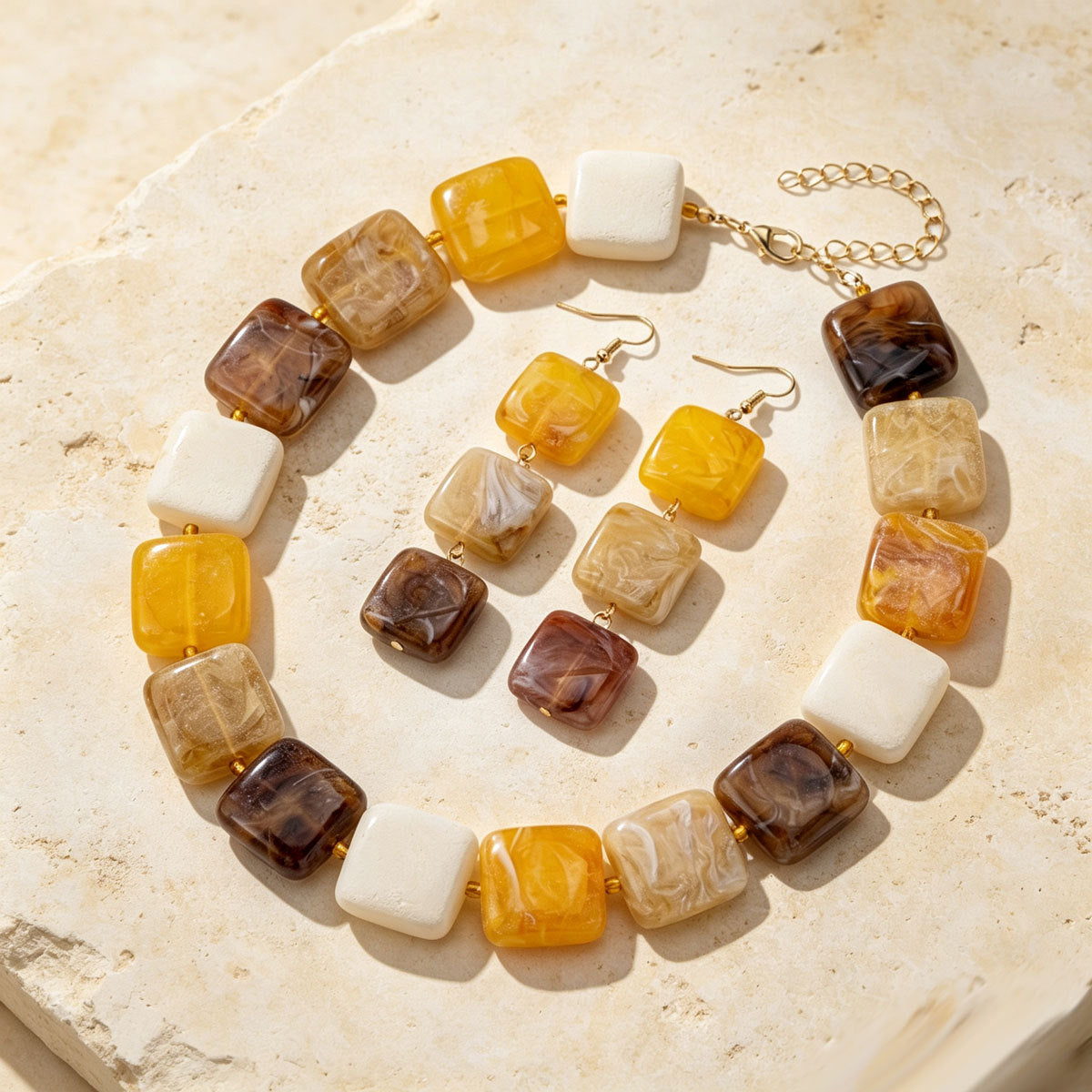 Women Retro Marbled Square Acrylic 2Pcs Jewelry Set, Caramel Amber Tone Beaded Choker Necklace Long Drop Earrings Gold Plated Spacers Fall Daily Gift