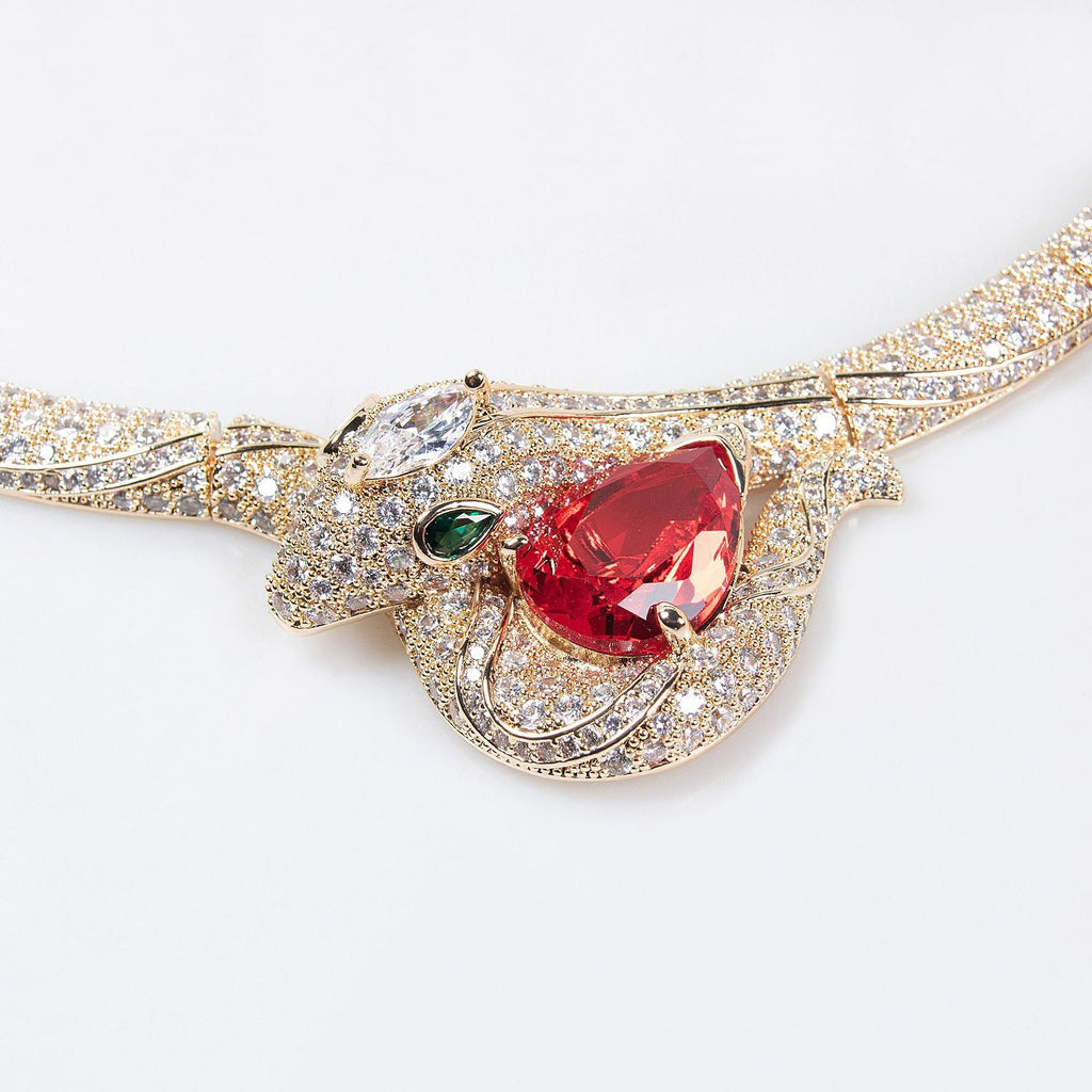 18K Gold Snake and Bamboo Knot Zirconia Statement Necklace