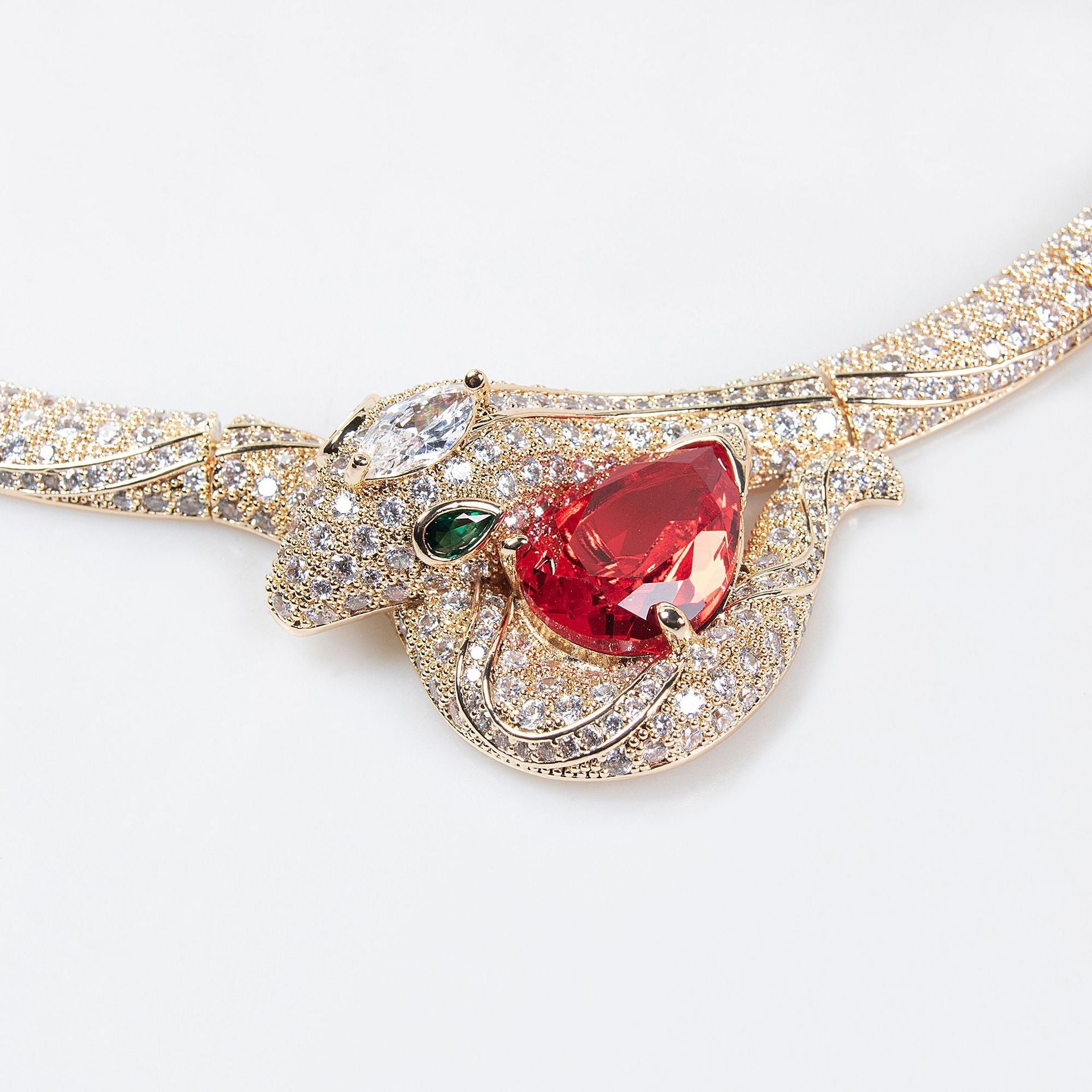 18K Gold Snake and Bamboo Knot Zirconia Statement Necklace