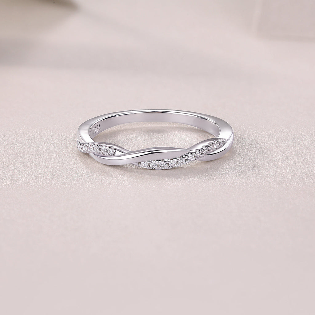 S925 Silver 1.9g Platinum Plated Moissanite Ring, Twisted Pave Band, D VVS1 GRA US 5-9