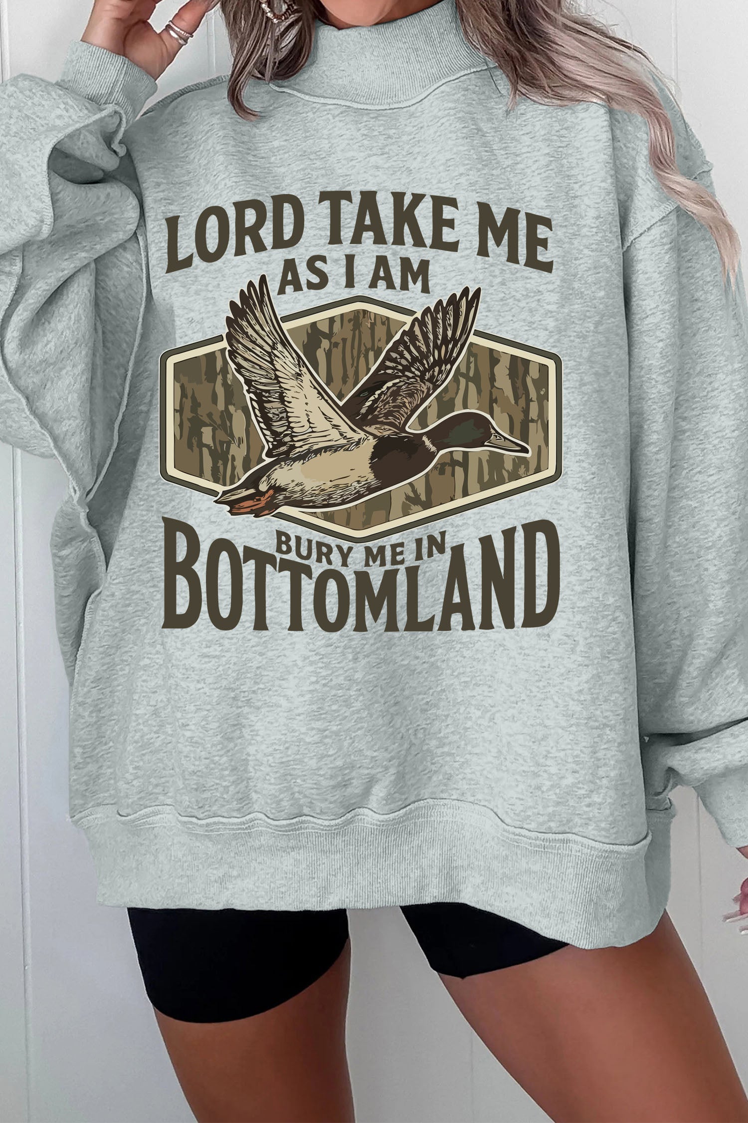 Gray Exposed Seam Mock Neck Western Print Duck Sweatshirt