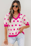 Alexia Puff Short Sleeve Sweater in bright-pink featuring a v-neck, puff sleeves, and polka dot knit pattern.