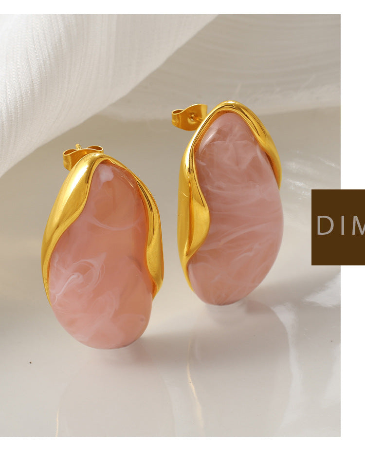European And American Retro Irregular Amber Powder-white-blue Gradient-dyed Gold-edge Ear Ring, Non-fading, 18K Gold-plated, Exclusive Small-sized Earrings