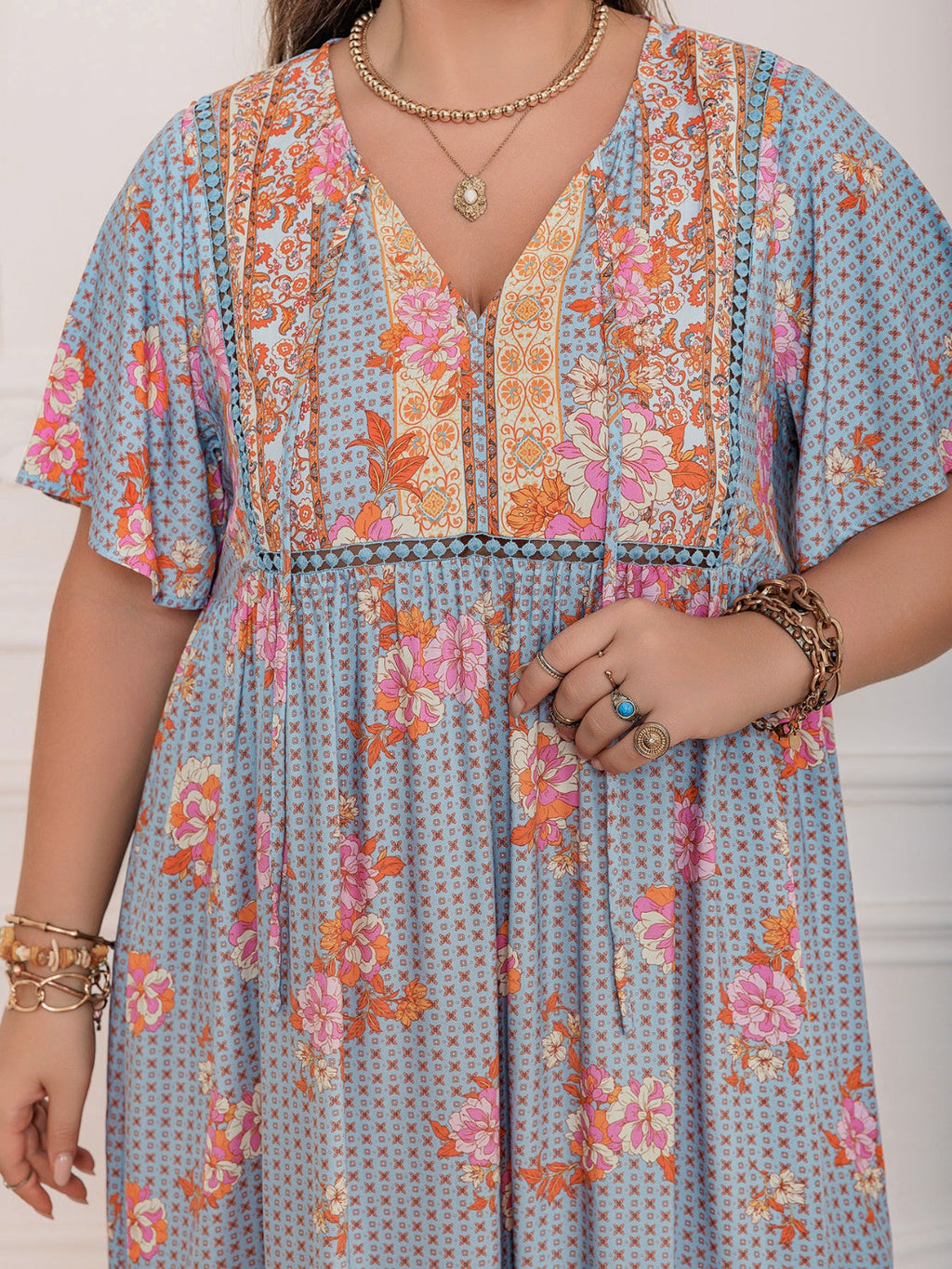 Floral Printed Flutter Sleeve Maxi Dress with Ruched Tie